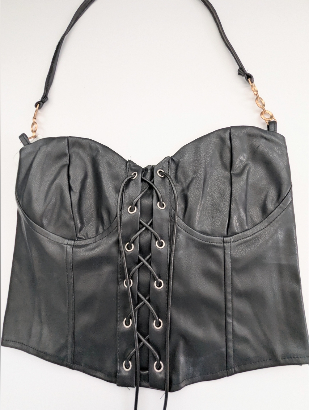 Women's (Large) Edgy Black Faux-Leather Lace-up Bustier/Corset w/Elastic Back